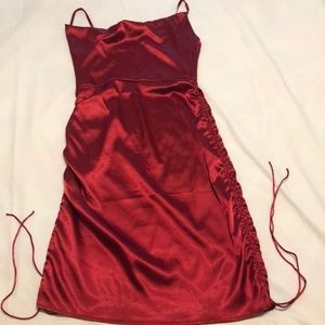 Cowl Neck Drawstring Ruched Satin Dress
